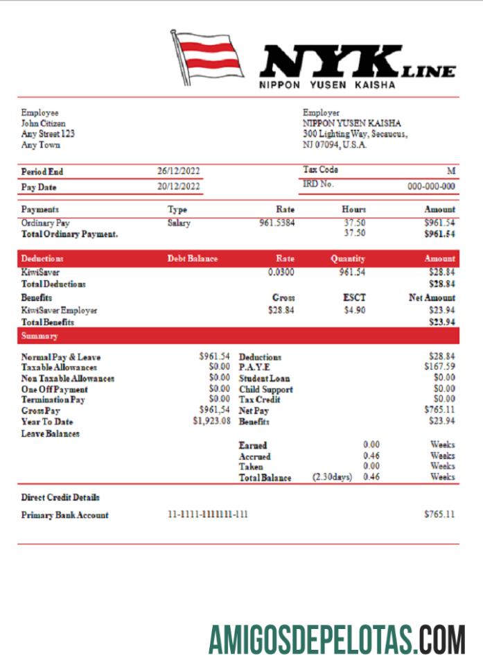 Recibo de pagamento da empresa de transporte USA NIPPON YUSEN KAISHA modelo